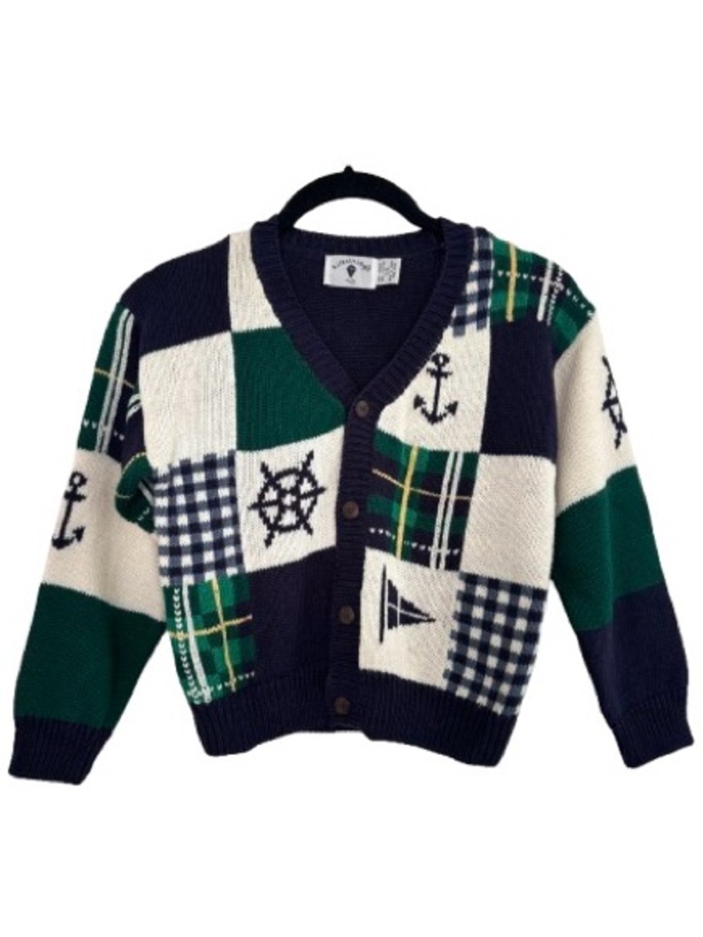 Vintage Kitestrings Nautical Checkered Cardigan Sweater Ramie Cotton Blue 5/6